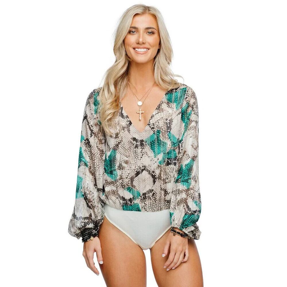 New Buddy Love Jackie Long V Neck M Bodysuit Snake Print Multicolor Long Sleeve